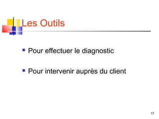 Les Outils

   Pour effectuer le diagnostic

   Pour intervenir auprès du client




                                       17
 