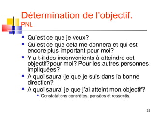 Détermination de l’objectif.
PNL
   Qu’est ce que je veux?
   Qu’est ce que cela me donnera et qui est
    encore plus important pour moi?
   Y a t-il des inconvénients à atteindre cet
    objectif?pour moi? Pour les autres personnes
    impliquées?
   A quoi saurai-je que je suis dans la bonne
    direction?
   A quoi saurai je que j’ai atteint mon objectif?
       
           Constatations concrètes, pensées et ressentis.


                                                            33
 