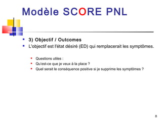 Modèle SCORE PNL

   3) Objectif / Outcomes
   L'objectif est l'état désiré (ED) qui remplacerait les symptômes.

        Questions utiles :
        Qu’est-ce que je veux à la place ?
        Quel serait le conséquence positive si je supprime les symptômes ?




                                                                              8
 