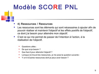 Modèle SCORE PNL

   4) Ressources / Resources
   Les ressources sont les éléments qui sont nécessaires à ajouter afin de
    pouvoir réaliser et maintenir l'objectif et les effets positifs de l'objectif,
    ce dont j’ai besoin pour atteindre mon objectif.
   C’est ce qui me permet de passer de l’intention à l’action, à la
    réalisation de l’objectif.

        Questions utiles :
        De quoi ai-je besoin ?
        Que faut-il pour atteindre l'objectif ?
        Lorsque j'ai trouvé les ressources, je me pose la question suivante :
        Y a-t-il d’autres ressources dont je peux avoir besoin ?




                                                                                 9
 