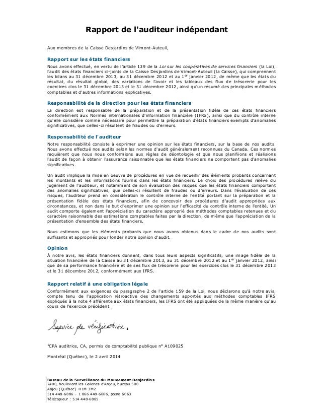 Caisse Populaire De Vimont Auteuil Etats Financiers 2013