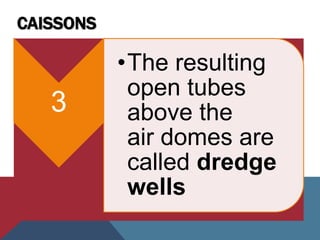CAISSONS
3
•The resulting
open tubes
above the
air domes are
called dredge
wells
 