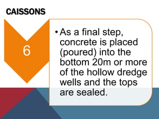 CAISSONS
6
• As a final step,
concrete is placed
(poured) into the
bottom 20m or more
of the hollow dredge
wells and the tops
are sealed.
 