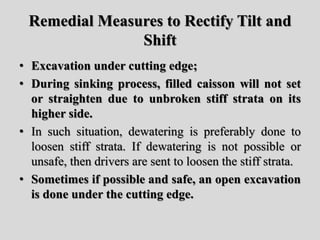 Remedial Measures to Rectify Tilt and
Shift
• Excavation under cutting edge;
• During sinking process, filled caisson will not set
or straighten due to unbroken stiff strata on its
higher side.
• In such situation, dewatering is preferably done to
loosen stiff strata. If dewatering is not possible or
unsafe, then drivers are sent to loosen the stiff strata.
• Sometimes if possible and safe, an open excavation
is done under the cutting edge.
 