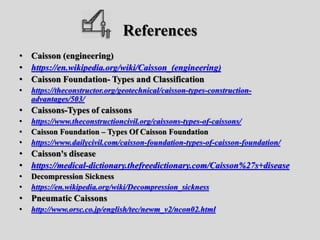 References
• Caisson (engineering)
• https://en.wikipedia.org/wiki/Caisson_(engineering)
• Caisson Foundation- Types and Classification
• https://theconstructor.org/geotechnical/caisson-types-construction-
advantages/503/
• Caissons-Types of caissons
• https://www.theconstructioncivil.org/caissons-types-of-caissons/
• Caisson Foundation – Types Of Caisson Foundation
• https://www.dailycivil.com/caisson-foundation-types-of-caisson-foundation/
• Caisson's disease
• https://medical-dictionary.thefreedictionary.com/Caisson%27s+disease
• Decompression Sickness
• https://en.wikipedia.org/wiki/Decompression_sickness
• Pneumatic Caissons
• http://www.orsc.co.jp/english/tec/newm_v2/ncon02.html
 
