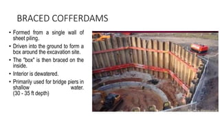 BRACED COFFERDAMS
• Formed from a single wall of
sheet piling.
• Driven into the ground to form a
box around the excavation site.
• The "box" is then braced on the
inside.
• Interior is dewatered.
• Primarily used for bridge piers in
shallow water.
(30 - 35 ft depth)
 