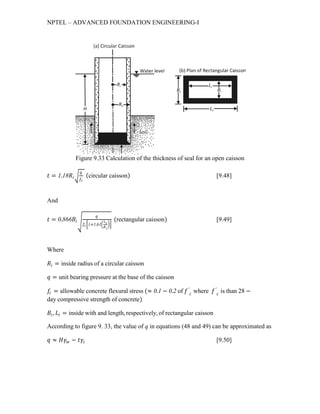 NPTEL – ADVANCED FOUNDATION ENGINEERING-I
Figure 9.33 Calculation of the thickness of seal for an open caisson
𝑡𝑡 = 1.18𝑅𝑅𝑖𝑖�
𝑞𝑞
𝑓𝑓𝑐𝑐
(circular caisson) [9.48]
And
𝑡𝑡 = 0.866𝐵𝐵𝑖𝑖�
𝑞𝑞
𝑓𝑓𝑐𝑐�1+1.61�
𝐿𝐿 𝑖𝑖
𝐵𝐵 𝑖𝑖
��
(rectangular caisson) [9.49]
Where
𝑅𝑅𝑖𝑖 = inside radius of a circular caisson
𝑞𝑞 = unit bearing pressure at the base of the caisson
𝑓𝑓𝑐𝑐 = allowable concrete flexural stress (≈ 0.1 − 0.2 of 𝑓𝑓′
𝑐𝑐
where 𝑓𝑓′
𝑐𝑐
is than 28 −
day compressive strength of concrete)
𝐵𝐵𝑖𝑖, 𝐿𝐿𝑖𝑖 = inside with and length, respectively, of rectangular caisson
According to figure 9. 33, the value of q in equations (48 and 49) can be approximated as
𝑞𝑞 ≈ 𝐻𝐻𝛾𝛾𝑤𝑤 − 𝑡𝑡𝛾𝛾𝑐𝑐 [9.50]
 