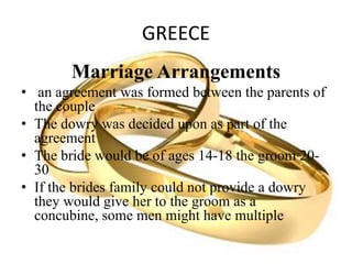 GREECE
Marriage Arrangements
• an agreement was formed between the parents of
the couple
• The dowry was decided upon as part of the
agreement
• The bride would be of ages 14-18 the groom 20-
30
• If the brides family could not provide a dowry
they would give her to the groom as a
concubine, some men might have multiple
 