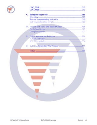QCTest CAIT 3.1 User’s Guide QUALCOMM Proprietary Contents xi
LOG_THR ................................................................................... 312
LOG_MSK ................................................................................... 313
C. Sample Script Files ..................................................................315
Overview..................................................................................... 315
Service programming script file............................................... 315
Call origination test scripts....................................................... 320
D. Predefined Tone and Sound Codes ......................................325
Predefined tones......................................................................... 325
Complex sounds......................................................................... 327
E. CAIT Automation Interface ...................................................331
ICAITController ......................................................................... 332
ICAITEventSink ......................................................................... 334
F. Cell Configuration File Format .............................................335
Index ........................................................................................... 337
 