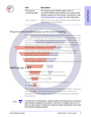 QUALCOMM Proprietary QCTest CAIT 3.1 User’s Guide 3
GettingStarted
Requirements for throughput performance testing
The minimum system requirements mentioned in the previous table
may not be sufficient for throughput performance testing. When you
use QCTest CAIT with a data phone or terminal during a data call,
it is recommended that a high-performance system be used. Such a
system is necessary to achieve the highest throughput possible while
maintaining a diagnostic link with the phone or terminal.
For example, when testing the 1xEV Forward Link throughput
performance at the maximum allowable rate of 2.4 Mbps, the
following configuration is recommended:
■ Pentium 3 1066 MHz CPU or better
■ 512 MB of RAM or better (for a single instance of QCTest CAIT)
Setting up CAIT
CAIT installation occurs in the following stages:
1. Connecting the mobile phone to the computer
2. Connecting the security key
3. Installing the CAIT software and permission file
4. Initial startup
This section contains the information needed for initially setting up
and configuring the CAIT system. For information about your
computer or mobile phone, refer to the user’s guide provided for
that product.
Note To install CAIT on Windows NT, Windows 2000, or Windows XP you must have
Administrator privileges for the system. Once CAIT is installed, you can run it
from any user account. Contact your computer support organization if you need
Administrator privileges granted.
PC-to-phone
connecting cable
PC-to-phone serial interface cable. Users of
non-QUALCOMM made handsets must acquire serial
interface cables from their phones’ manufacturer. See
“Connecting phones” on page 4 for more information.
Copy protection WIBU®
security key, QUALCOMM model DAMST0050,
DAMST0052, or DAMST0053
Item Description
 