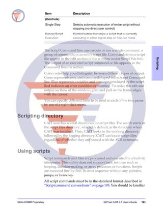 QUALCOMM Proprietary QCTest CAIT 3.1 User’s Guide 193
Scripting
The Script Command line can execute or run a single command, a
group of commands, or an entire script file. Commands from a script
file appear in the edit section of the window under Script File Info.
The output of an executed script command or file appears in the
Command Results section.
Color codes help you distinguish between different types of output.
Green represents executed commands typed in the Script Command
line. Blue represents variables and messages produced by the script.
Red indicates an error condition or warning. To resize the edit and
output sections of the window, grab and pull on the frame edges
with the cursor.
You can specify different fonts to be used in each of the two panes
by use of a right-click menu.
Scripting directory
CAIT searches several directories for script files. The search starts in
the script files directory, which, by default, is the directory where
CAIT was installed. Then, CAIT looks in the working directory,
followed by the logging directory. CAIT can locate script files
regardless of whether they are named with the .SCR extension.
Using scripts
Script commands and files are processed and executed by a built-in
interpreter. This utility does not support basic features such as
looping, decision-making, or array processes or functions. Scripts
are executed line-by-line, in strict sequence without any pointers,
jumps, or branches.
All script commands must be in the standard format described in
“Script command conventions” on page 195. You should be familiar
(Controls)
Single Step Selects automatic execution of entire script without
stopping (no direct user control)
Cancel Script
Execution
Control button that stops a script that is currently
executing in either signal step or free-run mode
Item Description
 