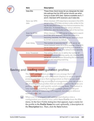 QUALCOMM Proprietary QCTest CAIT 3.1 User’s Guide 223
SystemConfiguration
Saving and loading configuration profiles
The CAIT configuration profiles let you arrange the CAIT
configuration settings and component displays to serve a specific
purpose and then save that configuration so that you can easily
return to it. By saving several such arrangements, you can create a
set of configuration profiles that are ideally suited to the tasks you
perform in CAIT, and quickly switch among them. This feature is
very useful for switching through multiple phone/COM port
setups, adding or removing GPS support, traveling to different
network areas, etc.
When you’ve arranged CAIT settings and displays into a
configuration you want to save, select Save Profile from the File
menu. In the Save Profile dialog box that appears, type a name for
the profile in the Profile Name box and, optionally, a description in
the Description box. Then, click the Save button.
Data Bits These three check boxes let you designate the data
bits settings that the GPS server should use when
trying to locate GPS data. Options available are 6, 7
and 8. Standard GPS receivers use 8 data bits.
Save raw GPS
data
When checked, GPS data that is recorded in the GPS
server’s Raw GPS Data window is also written to the
log file specified in the text box that accompanies this
check box. To browse for a file using a directory
dialog box, click the button at the right of the text box.
Scan for ETAK
receiver
When checked, the GPS server is enabled to search
for ETAK GPS receivers. Since this protocol is
becoming obsolete, the GPS server does not check
for ETAK receivers by default.
Scan Delay The number of seconds that the GPS server will
pause between scans for a GPS receiver. If the GPS
server does not seem to be locating your receiver, try
increasing this number. The default is four seconds.
Error Threshold This setting allows you to define the number of
consecutive errors (framing, parity, etc.) that the GPS
server will tolerate before discarding the current port
settings and resuming scanning.
Item Description
 