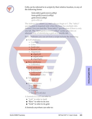 QUALCOMM Proprietary QCTest CAIT 3.1 User’s Guide 243
User-definedForms
Cells can be referred to in scripts by their relative location, in any of
the following forms:
form.tab(z).grid.row(x).cell(y)
form.grid(z).row(x).cell(y)
grid.row(x).cell(y)
grid.cell(x,y)
The indexes for values x, y, and z always begin at 1. The “tab(z)”
specification is required only when the form has multiple tabs
defined. You can omit the “form.tab(z)” specification if there is only
one tab. The “form.grid(z).row(x).cell(y)” syntax provides an
alternate way of identifying a grid on a specific tab.
Form attributes you can set from a script include the following:
■ Cell attributes:
• Contents
• Color
• FontColor
• BorderColor
• Alignment:
■ alignLeft
■ alignCenter
■ alignRight
■ Row attributes:
• Cell(index)
■ Grid attributes:
• Row(index)
• Cell(rowIndex,columnIndex)
• DefaultTextColor
■ Tab attributes:
• Grid
■ Form attributes:
• Grid(index)
• Tab(index)
• Caption
• DefaultTextColor
A formula in a cell can refer to:
■ “Cell” to refer to itself
■ “Row” to refer to its row
■ “Grid” to refer to its grid.
A formula anywhere can refer to:
 