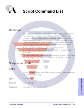 QUALCOMM Proprietary QCTest CAIT 3.1 User’s Guide 247
ScriptCommandList
A Script Command List
Overview
This appendix contains a complete list of the script commands for
read and write operations. Over 60 commands, functions, and
processes are described in alphabetical order. For each command
there is a definition of its function and syntax format, and in many
cases an example of its usage in a script. Some commands do not
have examples, since their usage is clear from their definitions.
A similar list is available using the online help feature in the
Scripting window when you type either help nv_read or help
nv_write.
For more information and instructions on using script commands in
the Scripting window, refer to Chapter 7, “Scripting,” on page 191.
Script commands
AKEY
Allows you to enter an authorization key number. This command is
for Module targets only.
Syntax akey “number”
Example akey “15423”
Response Enters the A-key number 15423.
 