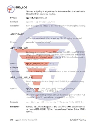 248 Appendix A: Script Command List QUALCOMM Proprietary
APPEND_LOG
Opens a script log in append mode so the new data is added to the
file rather than a new file created.
Syntax append_log filename.ext
Example append_log mylogfile.txt
Response New messages are added to the file without overwriting the existing
content.
ANNOTATE
Adds an annotation to the current log file, if logging is enabled.
Syntax annotate “annotation_string”
APR_LIST_WR
Writes an abbreviated Preferred Roaming List (PRL) to a QCP-1900®
or QCT®-1200 phone using a shortcut write command. This allows
specifying only channel numbers for the PRL list. All other entries
default to wild cards.
Syntax apr_lst_wr {nam, ch1, ch2...ch32}
Example apr_lst_wr {0, 500, 250}
Response The list containing the channel numbers is sent to the mobile phone.
APR_LIST_WR_683
Loads a standard-format abbreviated IS-683-A preferred roaming
list.
Syntax apr_list_wr_683 {nam, [cell], [pcs], channel_1, [channel_2,
channel_3,...] [AMPS_A | AMPS_B]}
The “cell” argument specifies cellular channels; “pcs” specifies PCS
channels. Up to 32 channels can be specified per NAM.
Example apr_list_wr_683 {0, cell, 777, pcs, 500, AMPS_B}
Response Writes a PRL instructing NAM 1 to look for CDMA cellular service
on channel 777, CDMA PCS service on channel 500, or B-side AMPS
service.
 