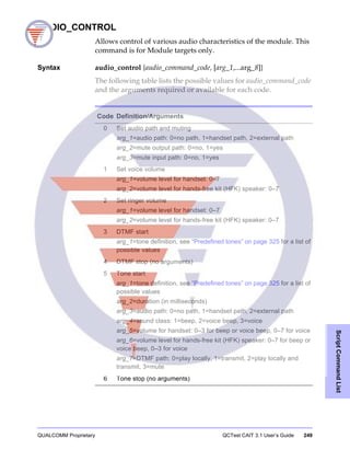 QUALCOMM Proprietary QCTest CAIT 3.1 User’s Guide 249
ScriptCommandList
AUDIO_CONTROL
Allows control of various audio characteristics of the module. This
command is for Module targets only.
Syntax audio_control {audio_command_code, [arg_1,...arg_8]}
The following table lists the possible values for audio_command_code
and the arguments required or available for each code.
Code Definition/Arguments
0 Set audio path and muting
arg_1=audio path: 0=no path, 1=handset path, 2=external path
arg_2=mute output path: 0=no, 1=yes
arg_3=mute input path: 0=no, 1=yes
1 Set voice volume
arg_1=volume level for handset: 0–7
arg_2=volume level for hands-free kit (HFK) speaker: 0–7
2 Set ringer volume
arg_1=volume level for handset: 0–7
arg_2=volume level for hands-free kit (HFK) speaker: 0–7
3 DTMF start
arg_1=tone definition, see “Predefined tones” on page 325 for a list of
possible values
4 DTMF stop (no arguments)
5 Tone start
arg_1=tone definition, see “Predefined tones” on page 325 for a list of
possible values
arg_2=duration (in milliseconds)
arg_3=audio path: 0=no path, 1=handset path, 2=external path
arg_4=sound class: 1=beep, 2=voice beep, 3=voice
arg_5=volume for handset: 0–3 for beep or voice beep, 0–7 for voice
arg_6=volume level for hands-free kit (HFK) speaker: 0–7 for beep or
voice beep, 0–3 for voice
arg_7=DTMF path: 0=play locally, 1=transmit, 2=play locally and
transmit, 3=mute
6 Tone stop (no arguments)
 