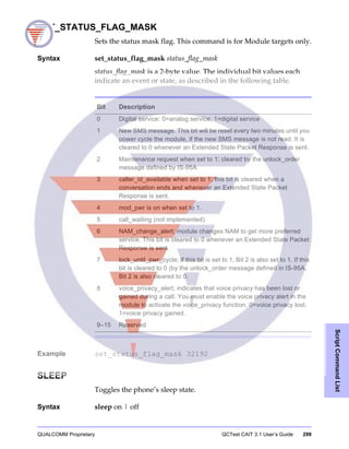 QUALCOMM Proprietary QCTest CAIT 3.1 User’s Guide 299
ScriptCommandList
SET_STATUS_FLAG_MASK
Sets the status mask flag. This command is for Module targets only.
Syntax set_status_flag_mask status_flag_mask
status_flag_mask is a 2-byte value. The individual bit values each
indicate an event or state, as described in the following table.
Example set_status_flag_mask 32192
SLEEP
Toggles the phone’s sleep state.
Syntax sleep on | off
Bit Description
0 Digital service: 0=analog service, 1=digital service
1 New SMS message. This bit will be reset every two minutes until you
power cycle the module, if the new SMS message is not read. It is
cleared to 0 whenever an Extended State Packet Response is sent.
2 Maintenance request when set to 1; cleared by the unlock_order
message defined by IS-95A
3 caller_id_available when set to 1; this bit is cleared when a
conversation ends and whenever an Extended State Packet
Response is sent.
4 mod_pwr is on when set to 1.
5 call_waiting (not implemented)
6 NAM_change_alert; module changes NAM to get more preferred
service. This bit is cleared to 0 whenever an Extended State Packet
Response is sent.
7 lock_until_pwr_cycle; if this bit is set to 1, Bit 2 is also set to 1. If this
bit is cleared to 0 (by the unlock_order message defined in IS-95A,
Bit 2 is also cleared to 0.
8 voice_privacy_alert; indicates that voice privacy has been lost or
gained during a call. You must enable the voice privacy alert in the
module to activate the voice_privacy function. 0=voice privacy lost;
1=voice privacy gained.
9–15 Reserved
 