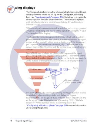 18 Chapter 2: Signal Analysis QUALCOMM Proprietary
Viewing displays
The Temporal Analyzer window shows multiple traces in different
colors (when the colors are set up on the Configure Cells dialog
box—see “Configuring cells” on page 206). Each trace represents the
sweep signal of a mobile phone searcher. The window displays a
grid with horizontal and vertical axes that are divided into two
different scales.
When the signal traces on the window stabilize and average, you can
determine the timing and power of the signals by using the X- and
Y-axis scales of the display.
The horizontal or X-axis represents the time offset with a scale in
pseudo noise (PN) chips. The vertical or Y-axis represents the signal
power level or strength with a scale in decibels (dB) for the energy
per chip over the interference noise (Ec/I0). The horizontal scale
ranges from ±12 to ±96 chips, and the vertical scale ranges from 0 to
−40 dB.
Special indicator symbols are displayed to represent the signal
peaks for up to twelve fingers (demodulators). The number of the
finger is listed inside a diamond at the top of the indicator. A circle
at the bottom of the symbol surrounds the exact finger position.
For 1xEV phones, the circle surrounding the finger position is filled
(a solid dot) when the finger is locked. When no fingers
(demodulators) are assigned, these symbols do not appear with any
of the signal peaks. This is the case when using QUALCOMM’s
Retriever™ Pilot Scanner phone in scanning mode. (See
“Configuring a Retriever phone” on page 209 for more information
about using this phone.)
Finger number
Ec/I0
PN offset
Finger position
(filled when locked)
 