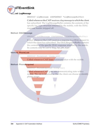 334 Appendix E: CAIT Automation Interface QUALCOMM Proprietary
ICAITEventSink
Method: LogMessage
HRESULT LogMessage (SAFEARRAY *LogMessageBuffer)
Called whenever the CAIT receives a log message to which the client
has subscribed. The LogMessageBuffer contains the contents of the
specific log_type structure returned by the mobile, with the DIAG
response header stripped off.
Method: DIAGMessage
HRESULT DIAGMessage (SAFEARRAY *DIAGResponseBuffer)
Called whenever the CAIT receives a response to a DIAG request to
which the client has subscribed. The DIAGResponseBuffer contains
the contents of the specific DIAG response returned by the mobile.
Its contents may be cast to diag_rsp_pkt_type.
Method: PhoneLost
HRESULT PhoneLost (long esn)
Called whenever CAIT loses communication with the mobile.
Method: PhoneAcquired
HRESULT PhoneAcquired (long esn)
Called whenever CAIT goes into communicating state with a
mobile. The esn is returned so that the client can choose to identify
phone swaps.
 
