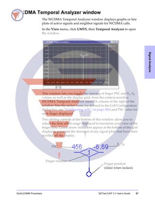 QUALCOMM Proprietary QCTest CAIT 3.1 User’s Guide 27
SignalAnalysis
WCDMA Temporal Analyzer window
The WCDMA Temporal Analyzer window displays graphs or line
plots of active signals and neighbor signals for WCDMA calls.
In the View menu, click UMTS, then Temporal Analyzer to open
the window.
This window lets you toggle the viewing of finger PSC and Ec/I0
values, as well as the display grid, from the context-sensitive
WCDMA Temporal Analyzer menu. A column at the right of the
window lists the sector name (as defined in the Cell Configuration
dialog box, see “Configuring cells” on page 206) and PSC value for
each finger displayed.
Two sliding controls at the bottom of this window allow you to
adjust the time offset range displayed to maximize your view of the
finger data. Green arrow indicators appear at the bottom of the grid
display to point out the direction of any signal plots that have been
scrolled off the display.
Finger number
Ec/I0
PSC
Finger position
(filled when locked)
 