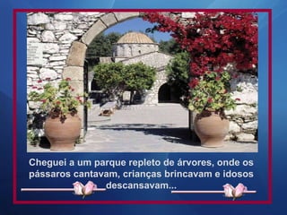 Cheguei a um parque repleto de árvores, onde os pássaros cantavam, crianças brincavam e idosos descansavam... 