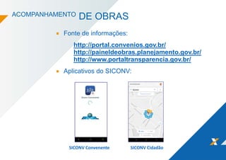 ACOMPANHAMENTO DE OBRAS
Fonte de informações:
http://portal.convenios.gov.br/
http://paineldeobras.planejamento.gov.br/
http://www.portaltransparencia.gov.br/
Aplicativos do SICONV:
SICONV Convenente SICONV Cidadão
 