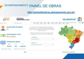 ACOMPANHAMENTO PAINEL DE OBRAS
http://paineldeobras.planejamento.gov.br/
 