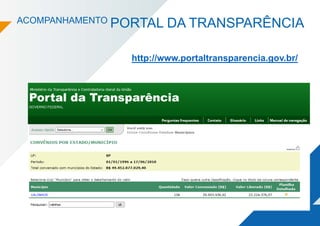 ACOMPANHAMENTO PORTAL DA TRANSPARÊNCIA
http://www.portaltransparencia.gov.br/
 