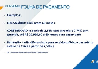 CONVÊNIO FOLHA DE PAGAMENTO
- Exemplos:
- CDC SALÁRIO: 4,4% prazo 60 meses
- CONSTRUCARD: a partir de 2,14% com garantia e 2,74% sem
garantia, até R$ 29.999,00 e 60 meses para pagamento
- Habitação: tarifa diferenciada para servidor público com crédito
salário na Caixa a partir de 7,5%a.a
- Obs. : considerando aprovação de crédito e sujeito a alteração de taxas
 