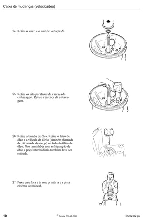Caixa de mudanças (velocidades)
10 
Scania CV AB 1997 05:02-02 pb
24 Retire o servo e o anel de vedação-V.
25 Retire os oito parafusos da carcaça da
embreagem. Retire a carcaça da embrea-
gem.
26 Retire a bomba de óleo. Retire o filtro de
óleo e a válvula de alívio (também chamada
de válvula de descarga) ao lado do filtro de
óleo. Nos caminhões com refrigeração de
óleo a peça intermediária também deve ser
retirada.
27 Puxe para fora a árvore primária e a pista
externa do mancal.
 
