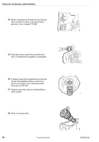 Caixa de mudanças (velocidades)
12 
Scania CV AB 1997 05:02-02 pb
34 Retire o parafuso de fixação do eixo da mar-
cha a ré (atrás) e puxe o eixo para fora e
para trás. Use o mandril 79 046.
35 Puxe para cima e para fora a arruela (ani-
lha), os rolamentos de agulha e o espaçador.
36 Coloque a alça de levantamento em torno da
árvore intermediária. Retire o anel-trava
(freio) e os calços. Use o alicate de anel-
trava (freio) 587 585.
37 Empurre para trás a árvore intermediária e
retire a pista.
38 Puxe o eixo para fora.
 