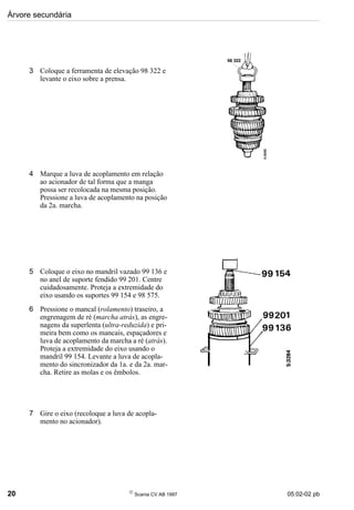 Árvore secundária
20 
Scania CV AB 1997 05:02-02 pb
3 Coloque a ferramenta de elevação 98 322 e
levante o eixo sobre a prensa.
4 Marque a luva de acoplamento em relação
ao acionador de tal forma que a manga
possa ser recolocada na mesma posição.
Pressione a luva de acoplamento na posição
da 2a. marcha.
5 Coloque o eixo no mandril vazado 99 136 e
no anel de suporte fendido 99 201. Centre
cuidadosamente. Proteja a extremidade do
eixo usando os suportes 99 154 e 98 575.
6 Pressione o mancal (rolamento) traseiro, a
engrenagem de ré (marcha atrás), as engre-
nagens da superlenta (ultra-reduzida) e pri-
meira bem como os mancais, espaçadores e
luva de acoplamento da marcha a ré (atrás).
Proteja a extremidade do eixo usando o
mandril 99 154. Levante a luva de acopla-
mento do sincronizador da 1a. e da 2a. mar-
cha. Retire as molas e os êmbolos.
7 Gire o eixo (recoloque a luva de acopla-
mento no acionador).
 