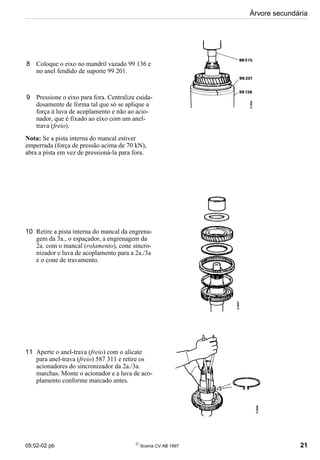 05:02-02 pb 
Scania CV AB 1997 21
Árvore secundária
8 Coloque o eixo no mandril vazado 99 136 e
no anel fendido de suporte 99 201.
9 Pressione o eixo para fora. Centralize cuida-
dosamente de forma tal que só se aplique a
força à luva de acoplamento e não ao acio-
nador, que é fixado ao eixo com um anel-
trava (freio).
Nota: Se a pista interna do mancal estiver
emperrada (força de pressão acima de 70 kN),
abra a pista em vez de pressioná-la para fora.
10 Retire a pista interna do mancal da engrena-
gem da 3a., o espaçador, a engrenagem da
2a. com o mancal (rolamento), cone sincro-
nizador e luva de acoplamento para a 2a./3a
e o cone de travamento.
11 Aperte o anel-trava (freio) com o alicate
para anel-trava (freio) 587 311 e retire os
acionadores do sincronizador da 2a./3a.
marchas. Monte o acionador e a luva de aco-
plamento conforme marcado antes.
 