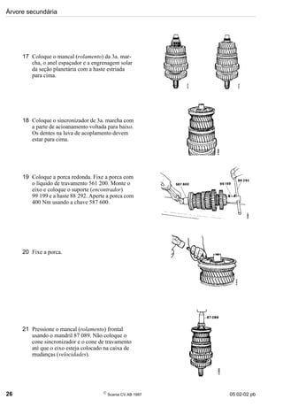 Árvore secundária
26 
Scania CV AB 1997 05:02-02 pb
17 Coloque o mancal (rolamento) da 3a. mar-
cha, o anel espaçador e a engrenagem solar
da seção planetária com a haste estriada
para cima.
18 Coloque o sincronizador de 3a. marcha com
a parte de acioanamento voltada para baixo.
Os dentes na luva de acoplamento devem
estar para cima.
19 Coloque a porca redonda. Fixe a porca com
o líquido de travamento 561 200. Monte o
eixo e coloque o suporte (encontrador)
99 199 e a haste 88 292. Aperte a porca com
400 Nm usando a chave 587 600.
20 Fixe a porca.
21 Pressione o mancal (rolamento) frontal
usando o mandril 87 089. Não coloque o
cone sincronizador e o cone de travamento
até que o eixo esteja colocado na caixa de
mudanças (velocidades).
 