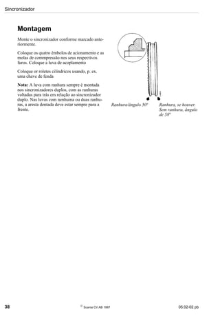 Sincronizador
38 
Scania CV AB 1997 05:02-02 pb
Montagem
Monte o sincronizador conforme marcado ante-
riormente.
Coloque os quatro êmbolos de acionamento e as
molas de commpressão nos seus respectivos
furos. Coloque a luva de acoplamento
Coloque or roletes cilíndricos usando, p. ex.
uma chave de fenda
Nota: A luva com ranhura sempre é montada
nos sincronizadores duplos, com as ranhuras
voltadas para trás em relação ao sincronizador
duplo. Nas luvas com nenhuma ou duas ranhu-
ras, a aresta dentada deve estar sempre para a
frente.
Ranhura/ângulo 50° Ranhura, se houver.
Sem ranhura, ângulo
de 58°
 