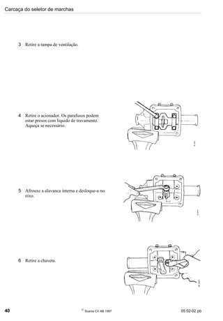 Carcaça do seletor de marchas
40 
Scania CV AB 1997 05:02-02 pb
3 Retire a tampa de ventilação.
4 Retire o acionador. Os parafusos podem
estar presos com líquido de travamento.
Aqueça se necessário.
5 Afrouxe a alavanca interna e desloque-a no
eixo.
6 Retire a chaveta.
 