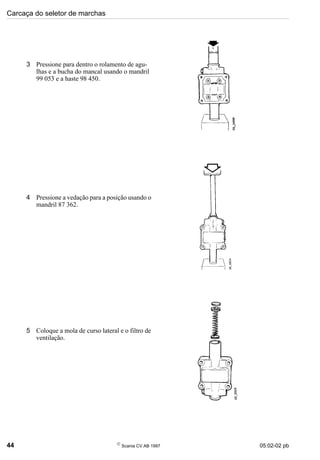 Carcaça do seletor de marchas
44 
Scania CV AB 1997 05:02-02 pb
4 Pressione a vedação para a posição usando o
mandril 87 362.
5 Coloque a mola de curso lateral e o filtro de
ventilação.
3 Pressione para dentro o rolamento de agu-
lhas e a bucha do mancal usando o mandril
99 053 e a haste 98 450.
 
