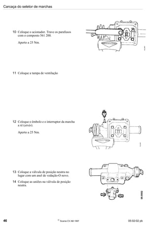 Carcaça do seletor de marchas
46 
Scania CV AB 1997 05:02-02 pb
10 Coloque o acionador. Trave os parafusos
com o composto 561 200.
Aperto a 25 Nm.
11 Coloque a tampa de ventilação
12 Coloque o êmbolo e o interruptor da marcha
a ré (atrás).
Aperto a 25 Nm.
13 Coloque a válvula de posição neutra no
lugar com um anel de vedação-O novo.
14 Coloque as uniões na válvula de posição
neutra.
 