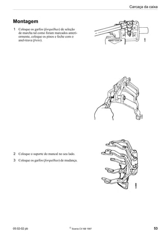 05:02-02 pb 
Scania CV AB 1997 53
Carcaça da caixa
Montagem
1 Coloque os garfos (forquilhas) de seleção
de marcha tal como foram marcados anteri-
ormente, coloque os pinos e feche com o
anel-trava (freio).
2 Coloque o suporte do mancal no seu lado.
3 Coloque os garfos (forquilhas) de mudança.
 