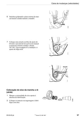 05:02-02 pb 
Scania CV AB 1997 57
Caixa de mudanças (velocidades)
6 Introduza golpeando a pista externa do man-
cal traseiro usando martelo e mandril.
7 Coloque uma arruela (anilha) de ajuste de
0.8 mm e um anel de trava (freio) no mancal
(rolamento) traseiro usando o alicate
587 585. Veja na página 65 a medição e o
ajuste da folga axial.
Colocação do eixo da marcha a ré
(atrás)
1 Marque a extremidade do eixo oposta à
abertura de lubrificação.
2 Coloque os mancais na engrenagem e lubri-
fique com óleo.
 