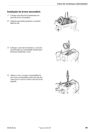 05:02-02 pb 
Scania CV AB 1997 59
Caixa de mudanças (velocidades)
Instalação da árvore secundária
1 Coloque uma alça de levantamento em
torno da árvore secundária.
2 Empurre para dentro primeiro a extremi-
dade de trás.
3 Coloque o cone de travamento e o cone do
sincronizador na extremidade frontal antes
de baixar totalmente o eixo.
4 Abaixe o eixo. Levante a extremidade do
eixo com a extremidade cônica de uma ala-
vanca (pé de cabra) e retire a alça de levan-
tamento.
 