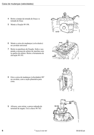 Caixa de mudanças (velocidades)
6 
Scania CV AB 1997 05:02-02 pb
4 Retire a tampa da tomada de força e a
tomada de força
5 Monte a fixação 99 198.
6 Monte a caixa de mudanças (velocidades)
no cavalete universal
7 Retire os parafusos de fixação. Solte e sus-
penda a carcaça do seletor de marchas com
os garfos do seletor. Retire a ferramenta de
elevação 99 193.
8 Gire a caixa de mudanças (velocidades) 90°
no cavalete, com a seção planetária para
cima.
9 Afrouxe, sem retirar, a porca redonda do
terminal de engate. Use a chave 98 765.
 