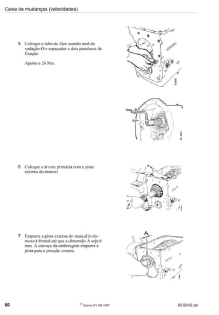 Caixa de mudanças (velocidades)
60 
Scania CV AB 1997 05:02-02 pb
5 Coloque o tubo do óleo usando anel de
vadação-O e espaçador e dois parafusos de
fixaçào.
Aperto a 26 Nm.
6 Coloque a árvore primária com a pista
externa do mancal.
7 Empurre a pista externa do mancal (rola-
mento) frontal até que a dimensão A seja 6
mm. A carcaça da embreagem empurra a
pista para a posição correta.
 