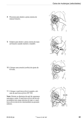 05:02-02 pb 
Scania CV AB 1997 61
Caixa de mudanças (velocidades)
8 Pressione para dentro a pista externa do
mancal traseiro.
9 Golpeie para dentro a pista externa do man-
cal traseiro usando martelo e mandril.
10 Coloque uma arruela (anilha) de ajuste de
0.8 mm.
11 Coloque o anel-trava (freio) usando o ali-
cate de anel-trava (freio) 587 585.
Nota: Oriente as aberturas de anel de segurança
uma para a outra. O anel-trava (freio) da árvore
secundária tem carga máxima no topo e o anel-
trava (freio) da árvore intermediária na posição
inferior.
 
