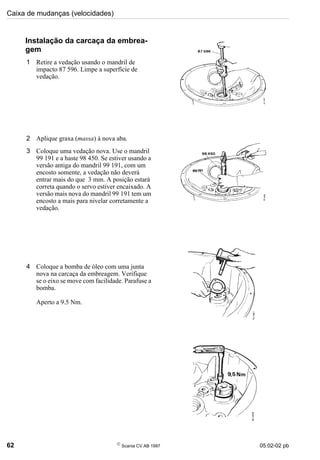 Caixa de mudanças (velocidades)
62 
Scania CV AB 1997 05:02-02 pb
Instalação da carcaça da embrea-
gem
1 Retire a vedação usando o mandril de
impacto 87 596. Limpe a superfície de
vedação.
2 Aplique graxa (massa) à nova aba.
3 Coloque uma vedação nova. Use o mandril
99 191 e a haste 98 450. Se estiver usando a
versão antiga do mandril 99 191, com um
encosto somente, a vedação não deverá
entrar mais do que 3 mm. A posição estará
correta quando o servo estiver encaixado. A
versão mais nova do mandril 99 191 tem um
encosto a mais para nivelar corretamente a
vedação.
4 Coloque a bomba de óleo com uma junta
nova na carcaça da embreagem. Verifique
se o eixo se move com facilidade. Parafuse a
bomba.
Aperto a 9.5 Nm.
 