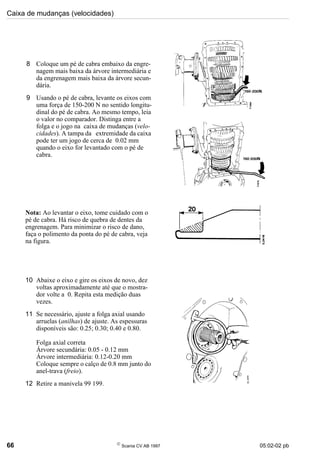 Caixa de mudanças (velocidades)
66 
Scania CV AB 1997 05:02-02 pb
8 Coloque um pé de cabra embaixo da engre-
nagem mais baixa da árvore intermediária e
da engrenagem mais baixa da árvore secun-
dária.
9 Usando o pé de cabra, levante os eixos com
uma força de 150-200 N no sentido longitu-
dinal do pé de cabra. Ao mesmo tempo, leia
o valor no comparador. Distinga entre a
folga e o jogo na caixa de mudanças (velo-
cidades). A tampa da extremidade da caixa
pode ter um jogo de cerca de 0.02 mm
quando o eixo for levantado com o pé de
cabra.
Nota: Ao levantar o eixo, tome cuidado com o
pé de cabra. Há risco de quebra de dentes da
engrenagem. Para minimizar o risco de dano,
faça o polimento da ponta do pé de cabra, veja
na figura.
10 Abaixe o eixo e gire os eixos de novo, dez
voltas aproximadamente até que o mostra-
dor volte a 0. Repita esta medição duas
vezes.
11 Se necessário, ajuste a folga axial usando
arruelas (anilhas) de ajuste. As espessuras
disponíveis são: 0.25; 0.30; 0.40 e 0.80.
Folga axial correta
Árvore secundária: 0.05 - 0.12 mm
Árvore intermediária: 0.12-0.20 mm
Coloque sempre o calço de 0.8 mm junto do
anel-trava (freio).
12 Retire a manivela 99 199.
 