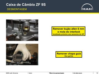 MAN Latin America Autor Tïtulo da apresentação DD.MM.AAAA 15
Caixa de Câmbio ZF 9S
DESMONTAGEM
Remover bujão allen 6 mm
e mola do interlock
localizado próximo aos sensores do GP
Remover chapa guia
Dos garfos
 