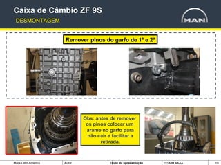 MAN Latin America Autor Tïtulo da apresentação DD.MM.AAAA
Remover pinos do garfo de 1ª e 2ª
19
Obs: antes de remover
os pinos colocar um
arame no garfo para
não cair e facilitar a
retirada.
Caixa de Câmbio ZF 9S
DESMONTAGEM
 