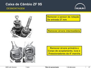 MAN Latin America Autor Tïtulo da apresentação DD.MM.AAAA 21
Remover árvore intermediária
Caixa de Câmbio ZF 9S
DESMONTAGEM
Remover árvore primária e
Corpo de acoplamento, luva e
Pressionadores da 4ª marcha
Remover o sensor de rotação
De entrada 27 mm
 