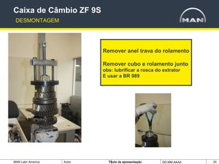 MAN Latin America Autor Tïtulo da apresentação DD.MM.AAAA 24
Remover anel trava do rolamento
Remover cubo e rolamento junto
obs: lubrificar a rosca do extrator
E usar a BR 989
Caixa de Câmbio ZF 9S
DESMONTAGEM
 
